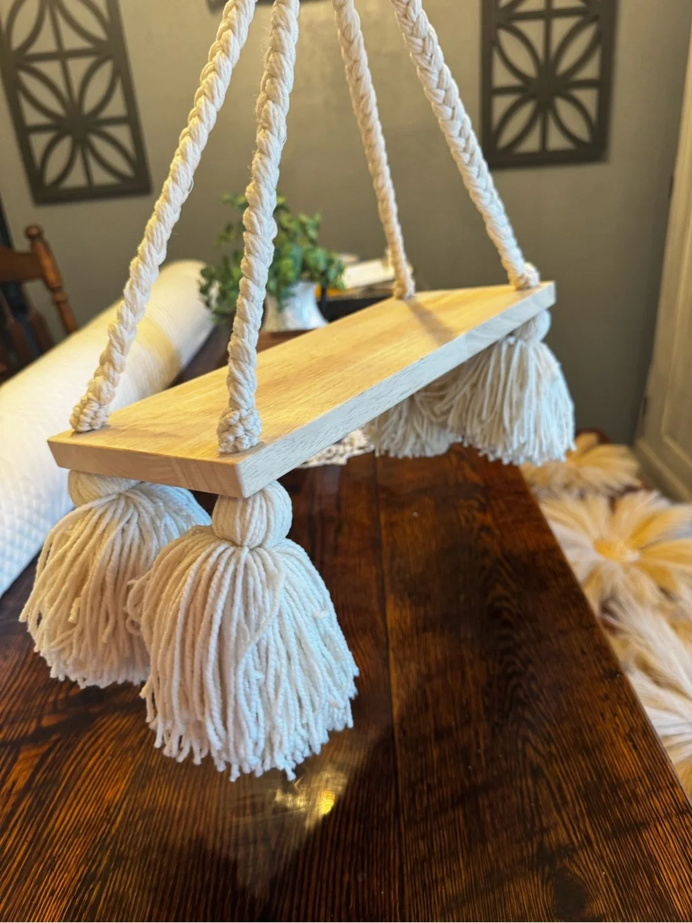 Rustic Wooden Hanging Shelf with Cream Rope